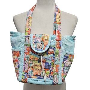 Hand Quilted Quirky Cat Floral Print Nine Pocket Drawstring Tote Shoulder Bag